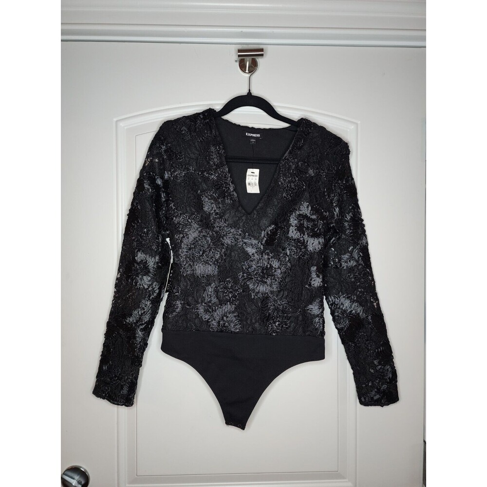 NWT EXPRESS Black Lace Embroidered V-Neck Long Sleeve Thong Bodysuit XS
